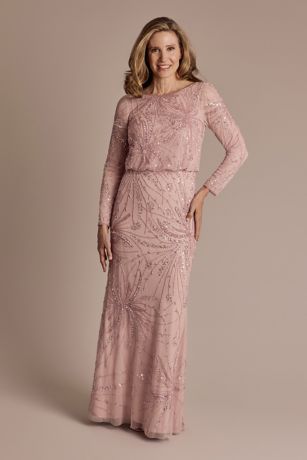 Oleg Cassini Long-Sleeve Beaded Blouson Top Sheath Dress